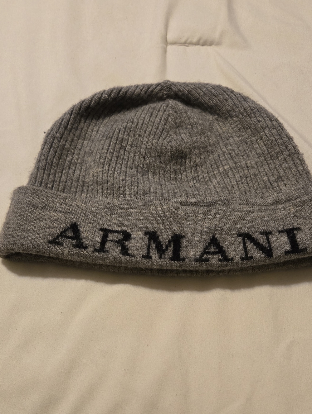 Giorgio Armani Gray Ribbed Knit Beanie with Black Logo